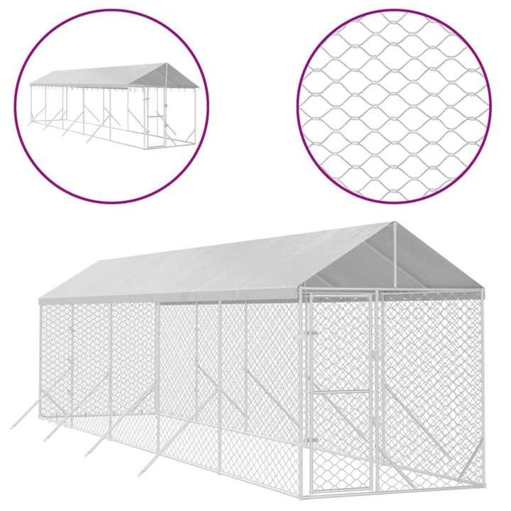 Outdoor Dog Kennel With Roof Silver Galvanised Steel