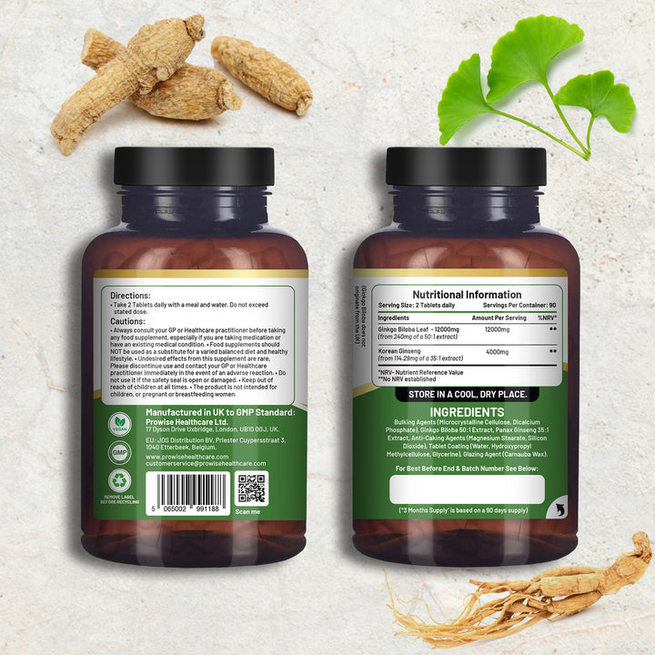 Ginkgo Biloba and Korean Ginseng Tablets 16000mg 180 Vegan Tablets by Prowise