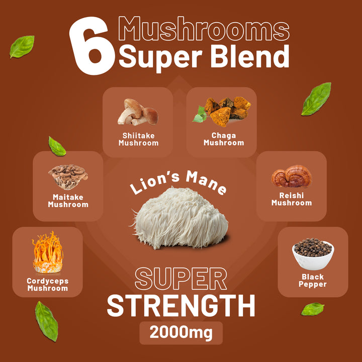 dvanced Mushroom Complex 2000mg | A super blend of 6 Mushroom with Lions Mane, Chaga, Cordyceps, Shiitake, Reishi and Maitake with Black Pepper | 120 Vegan High Strength Tablets | Made in UK by Prowise