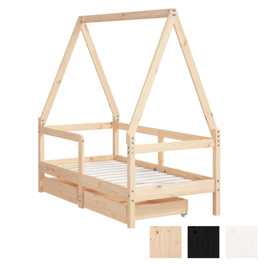 Kids Solid Wood Pine Bed Frame with Drawers