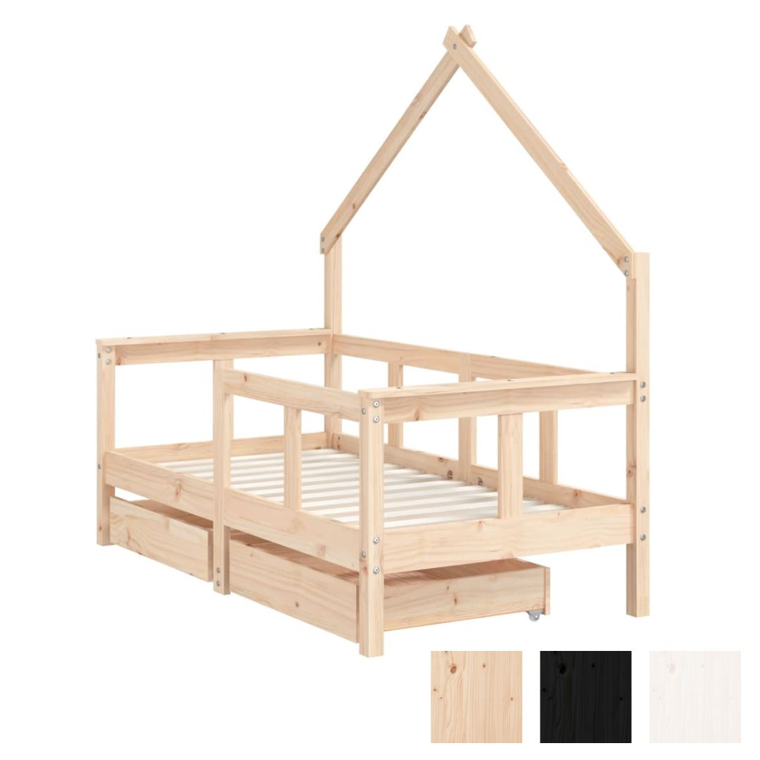 Kids Solid Wood Pine Bed Frame with Drawers