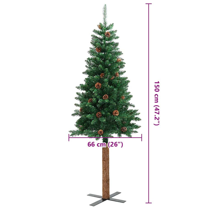 Slim Christmas Tree With Real Wood And Cones Green 150 Cm Pvc