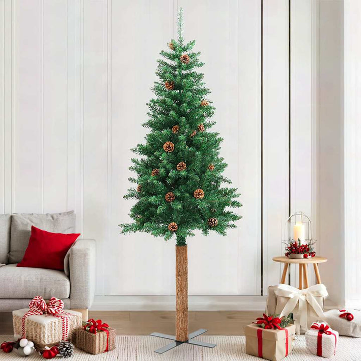 Slim Christmas Tree With Real Wood And Cones Green 150 Cm Pvc