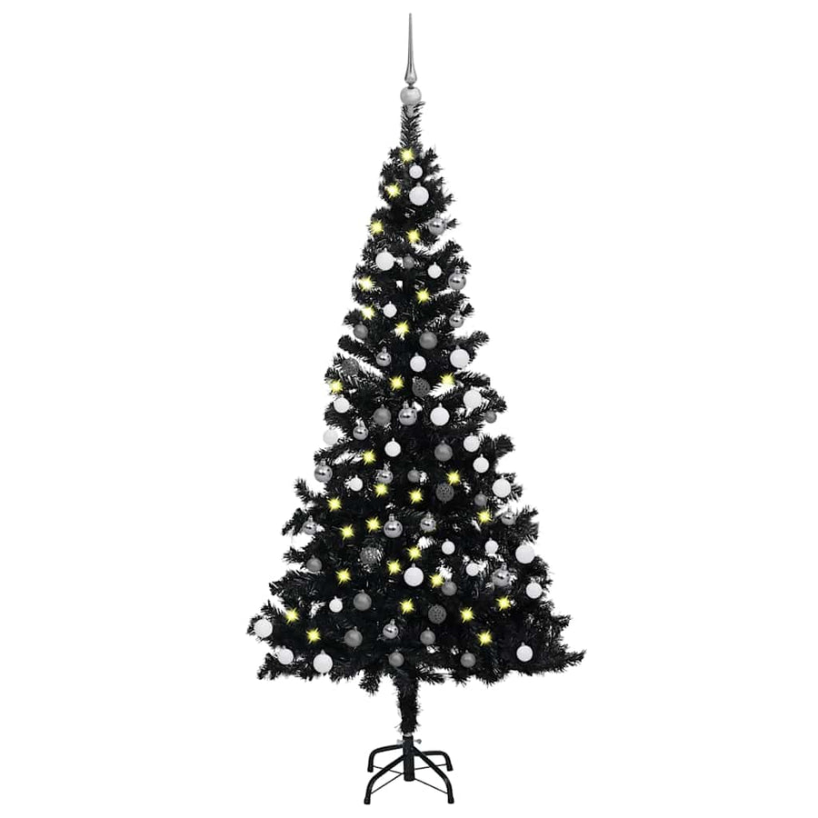 Artificial Pre-Lit Christmas Tree With Ball Set Black 180 Cm Pvc
