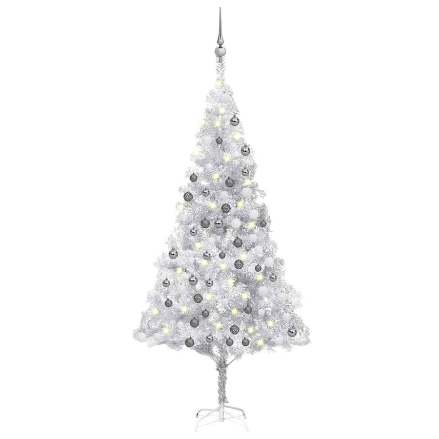 Artificial Pre-Lit Christmas Tree With Ball Set Silver 180 Cm Pet
