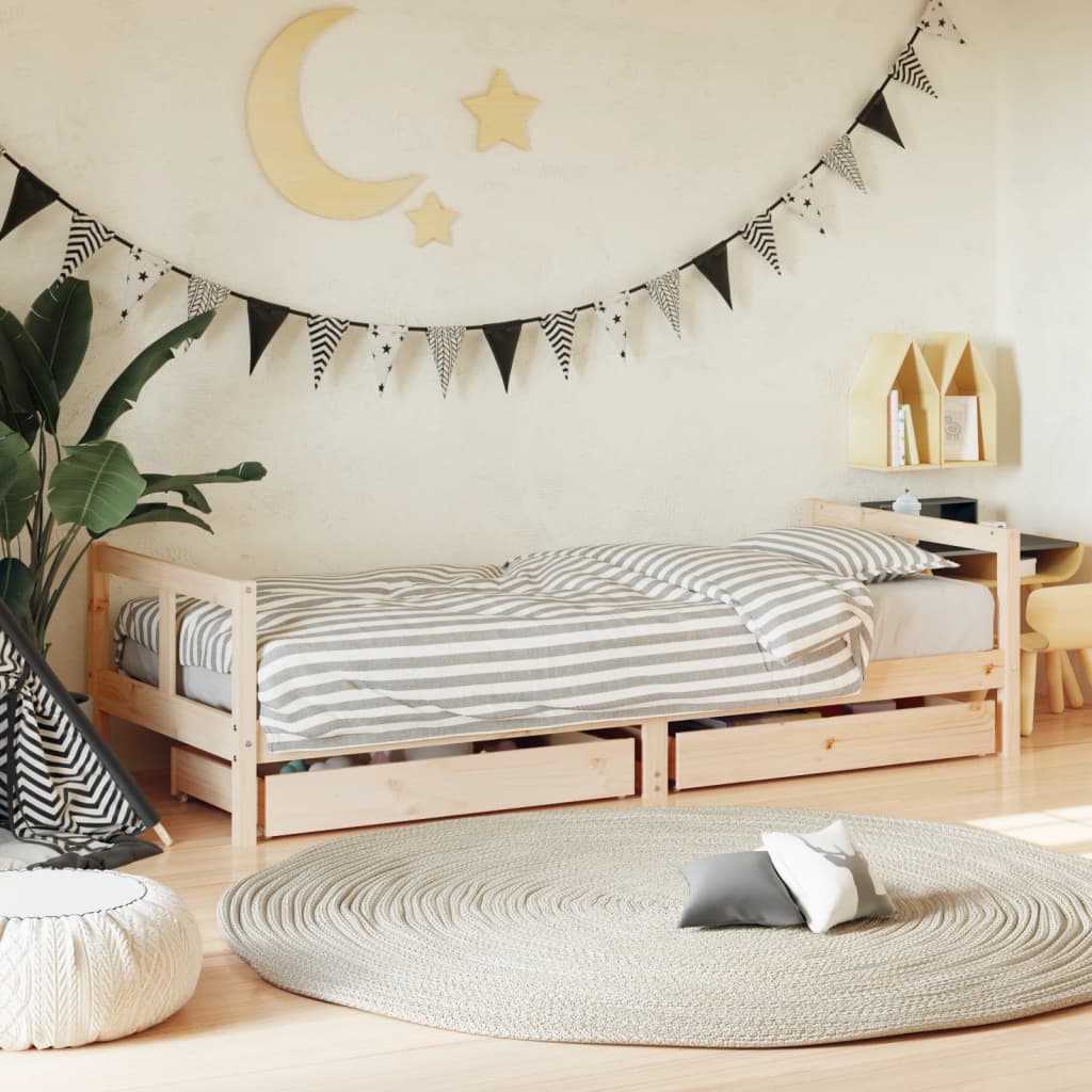 Kids Solid Wood Pine Bed Frame with Drawers