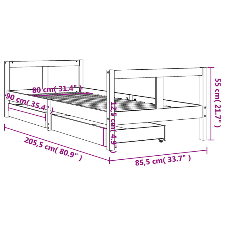 Kids Solid Wood Pine Bed Frame with Drawers