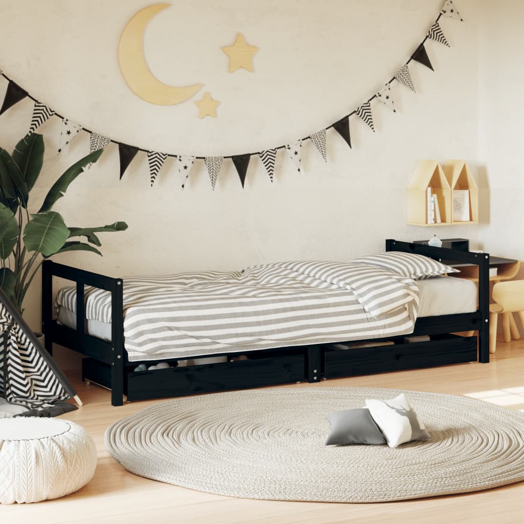 Kids Solid Wood Pine Bed Frame with Drawers