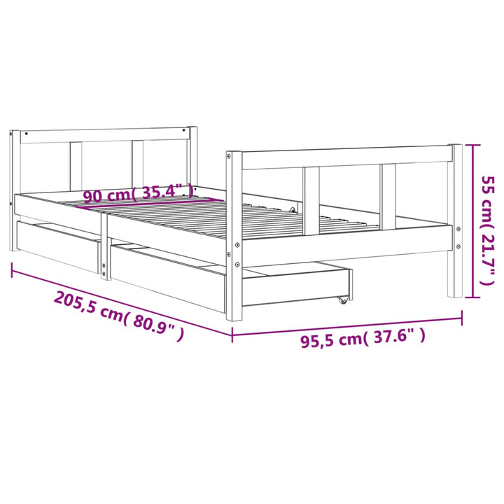 Kids Solid Wood Pine Bed Frame with Drawers