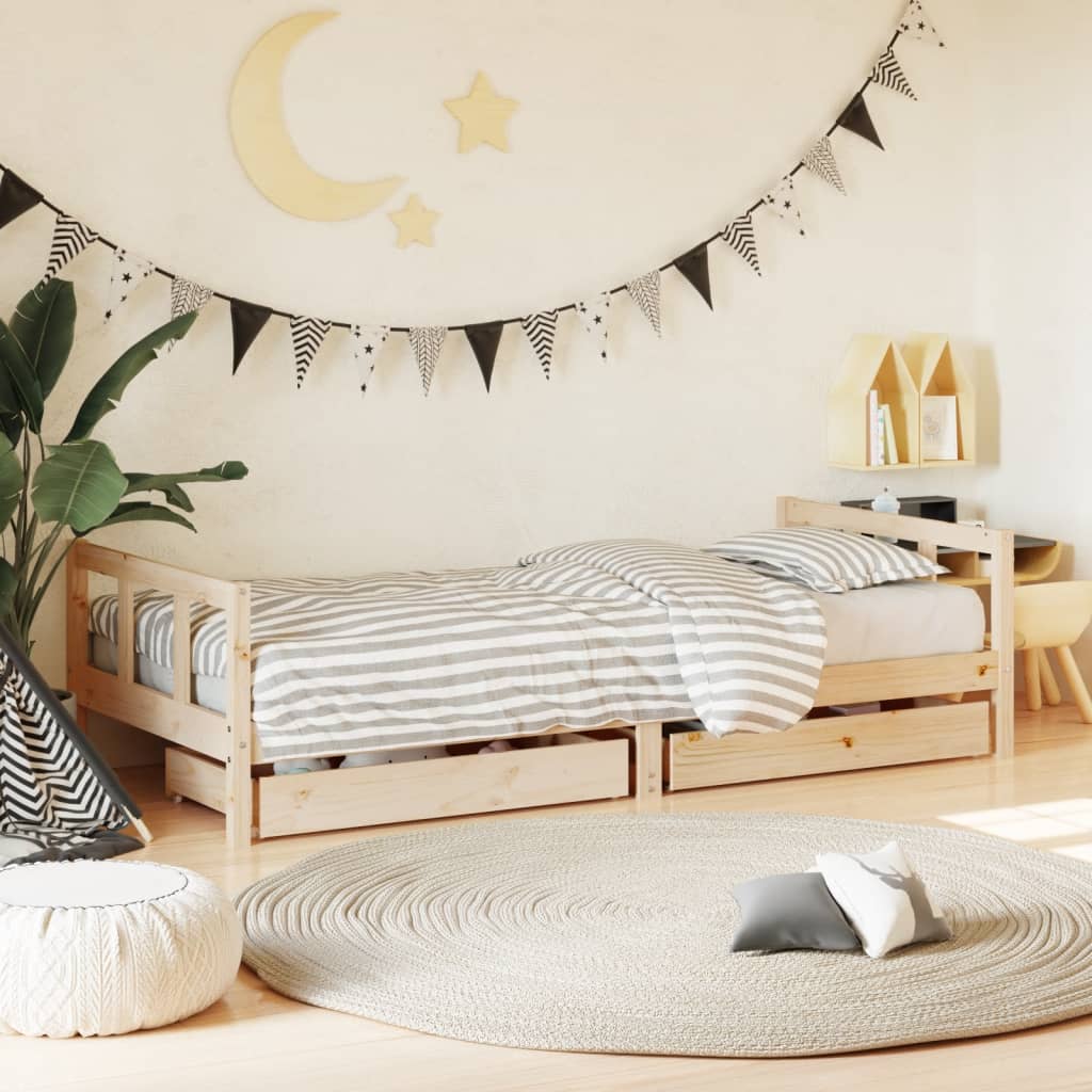 Kids Solid Wood Pine Bed Frame with Drawers