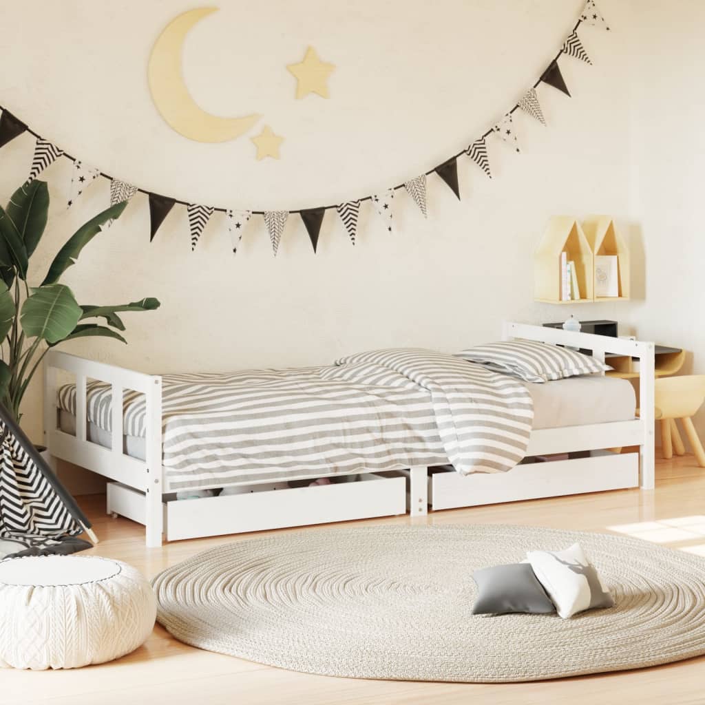 Kids Solid Wood Pine Bed Frame with Drawers