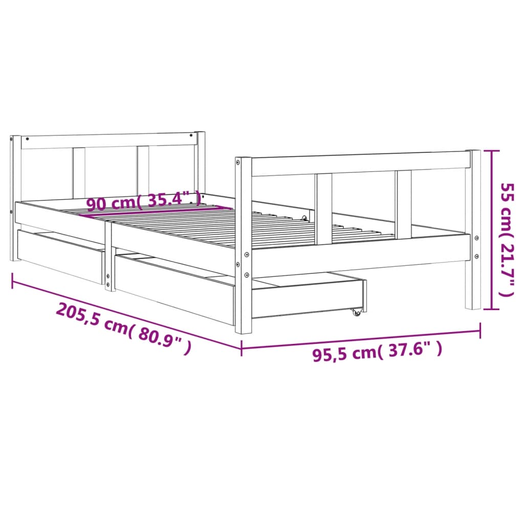 Kids Solid Wood Pine Bed Frame with Drawers
