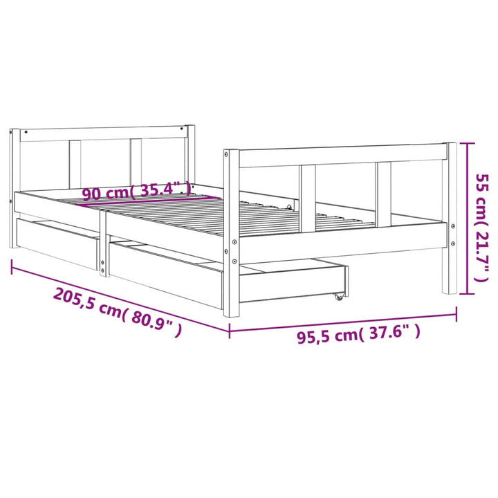 Kids Solid Wood Pine Bed Frame with Drawers