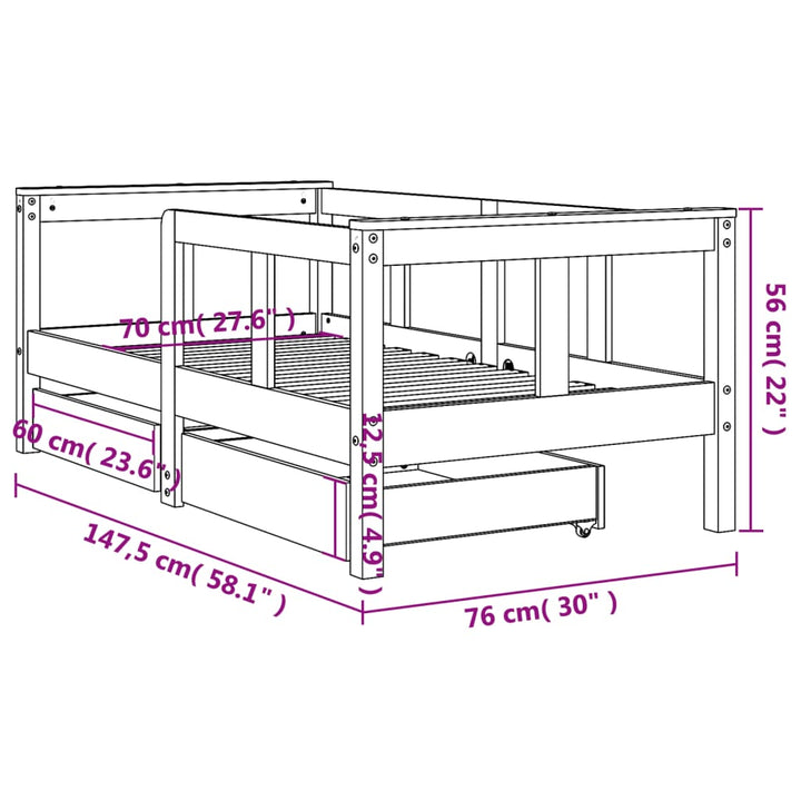 Kids Solid Wood Pine Bed Frame with Drawers