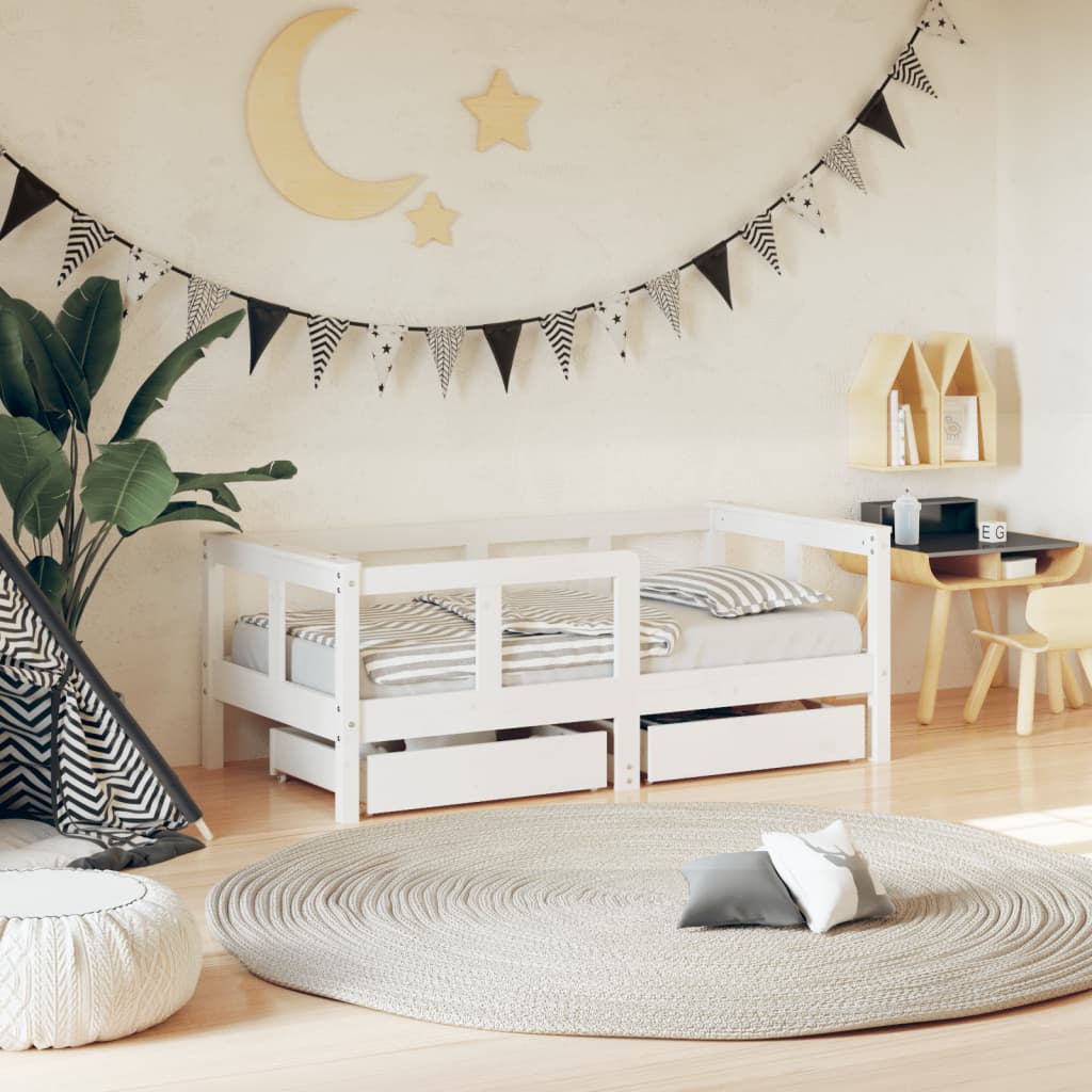 Kids Solid Wood Pine Bed Frame with Drawers