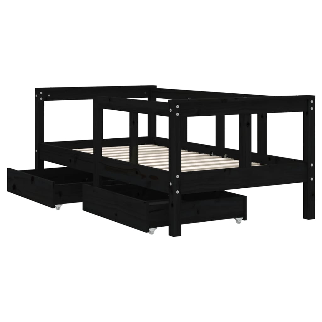 Kids Solid Wood Pine Bed Frame with Drawers