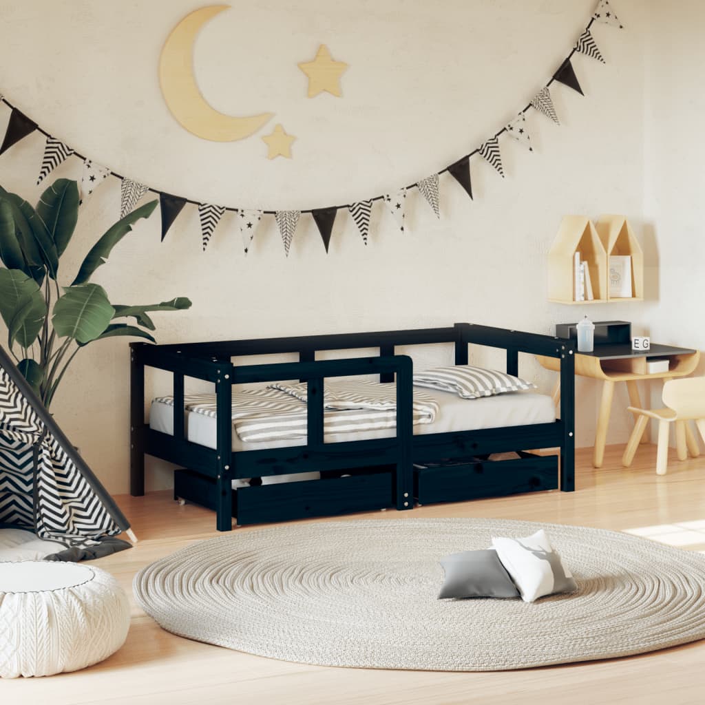 Kids Solid Wood Pine Bed Frame with Drawers