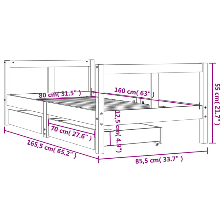 Kids Solid Wood Pine Bed Frame with Drawers