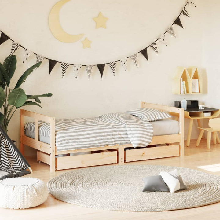 Kids Solid Wood Pine Bed Frame with Drawers