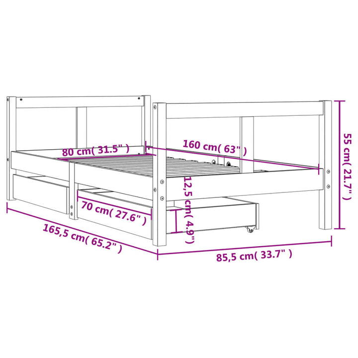 Kids Solid Wood Pine Bed Frame with Drawers