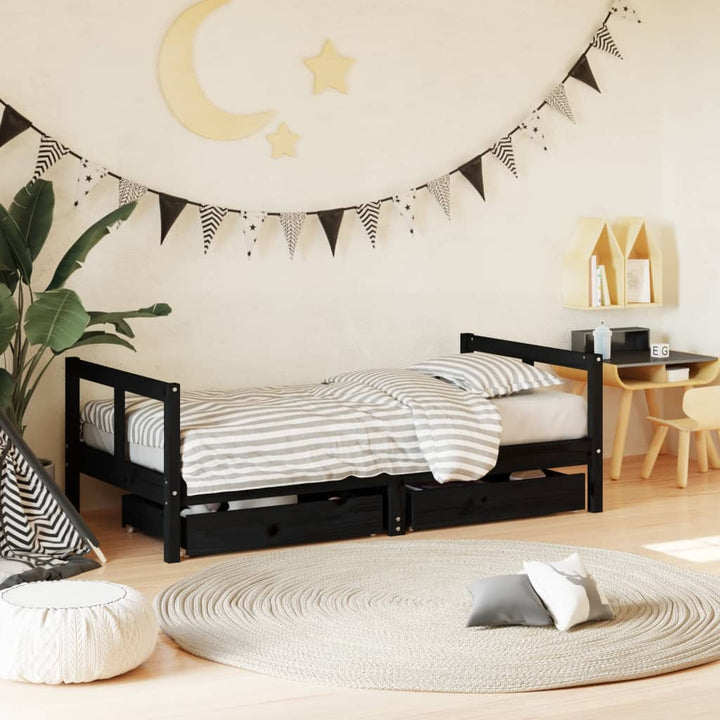 Kids Solid Wood Pine Bed Frame with Drawers