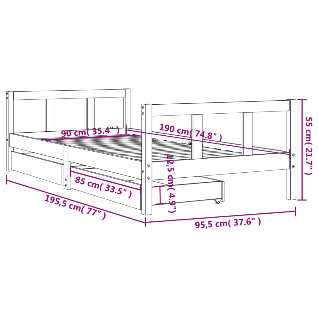 Kids Solid Wood Pine Bed Frame with Drawers
