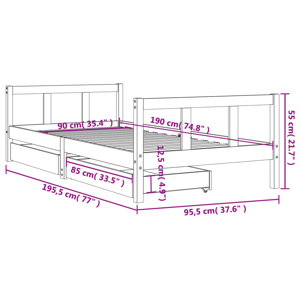 Kids Solid Wood Pine Bed Frame with Drawers