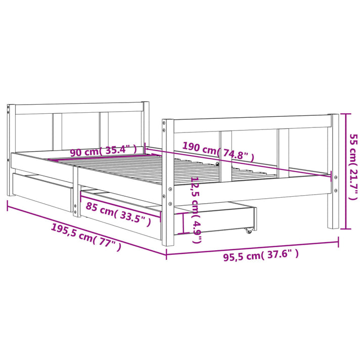 Kids Solid Wood Pine Bed Frame with Drawers