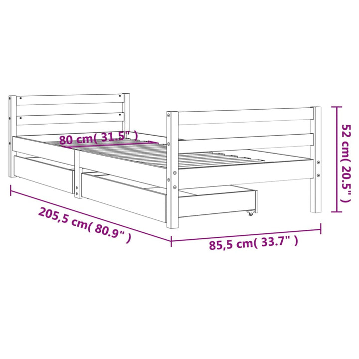Kids Solid Wood Pine Bed Frame with Drawers