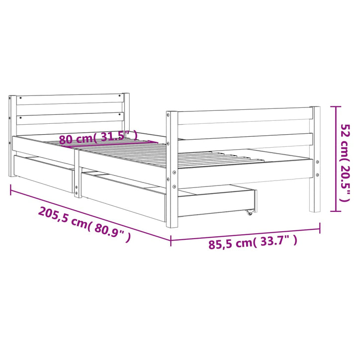 Kids Solid Wood Pine Bed Frame with Drawers