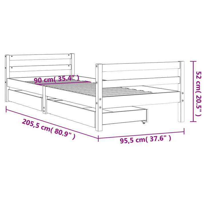 Kids Solid Wood Pine Bed Frame with Drawers