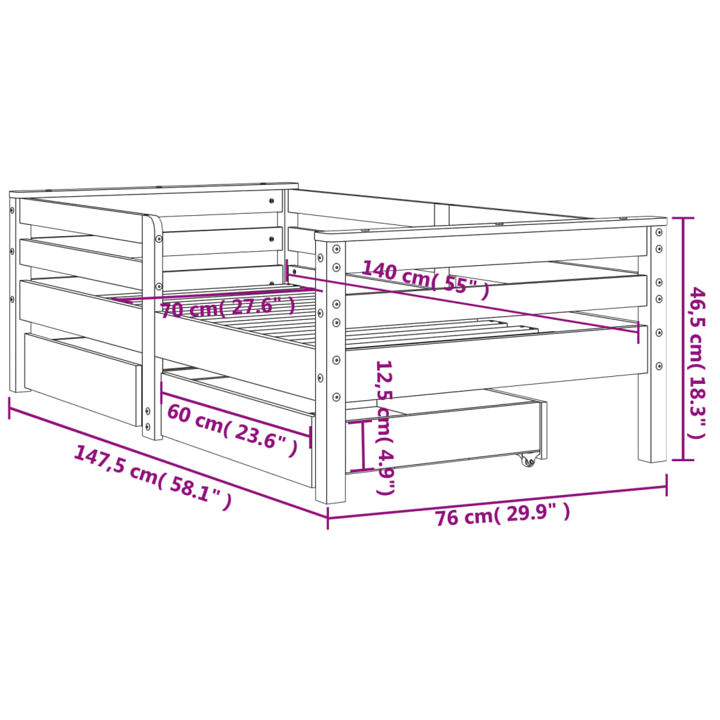 Kids Solid Wood Pine Bed Frame with Drawers