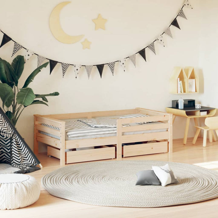 Kids Solid Wood Pine Bed Frame with Drawers
