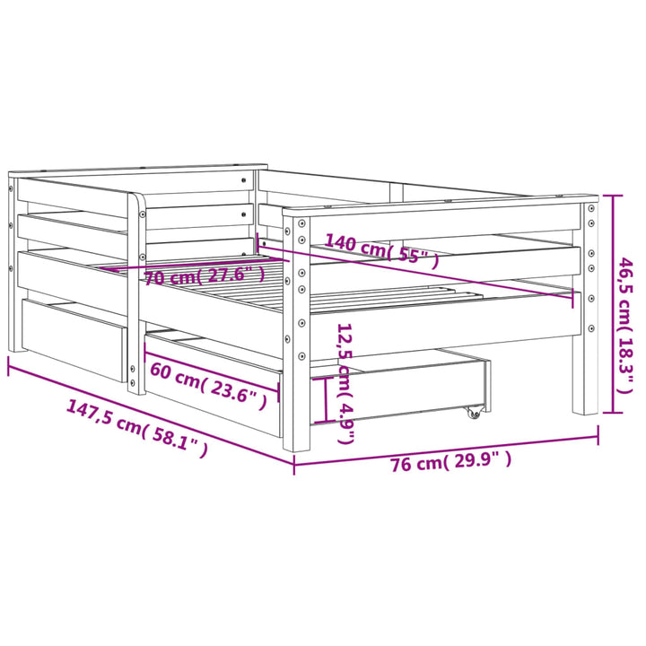 Kids Solid Wood Pine Bed Frame with Drawers