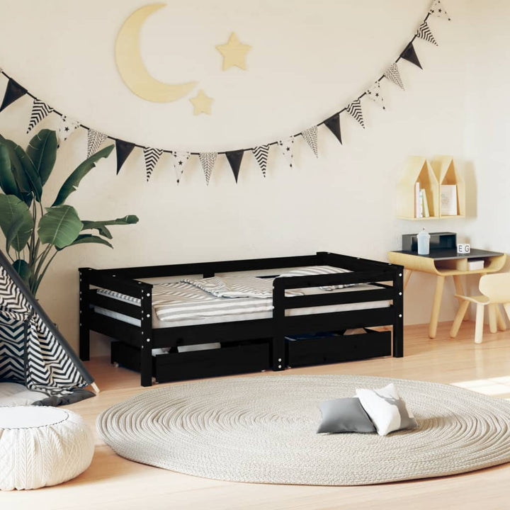 Kids Solid Wood Pine Bed Frame with Drawers