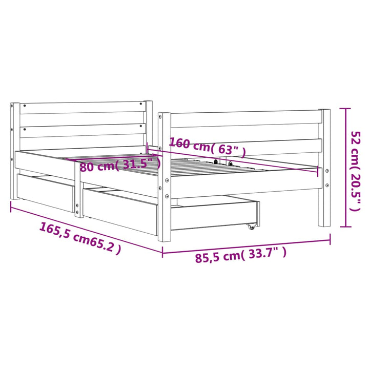 Kids Solid Wood Pine Bed Frame with Drawers