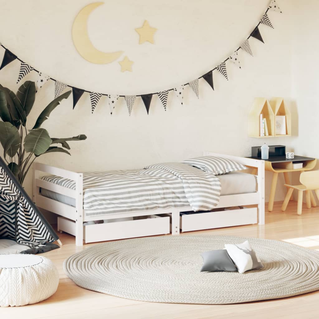 Kids Solid Wood Pine Bed Frame with Drawers