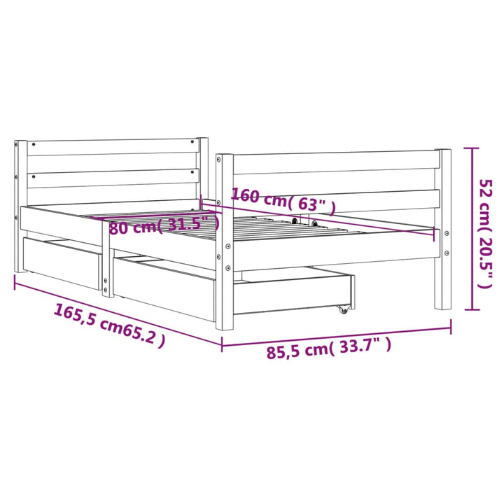 Kids Solid Wood Pine Bed Frame with Drawers