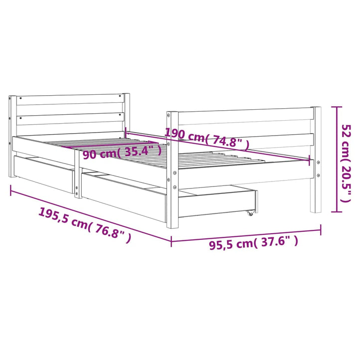 Kids Solid Wood Pine Bed Frame with Drawers
