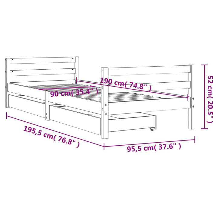 Kids Solid Wood Pine Bed Frame with Drawers