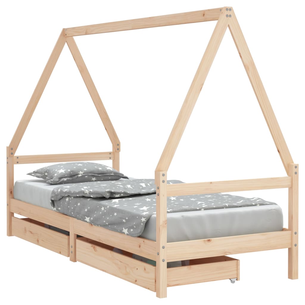 Kids Solid Wood Pine Bed Frame with Drawers