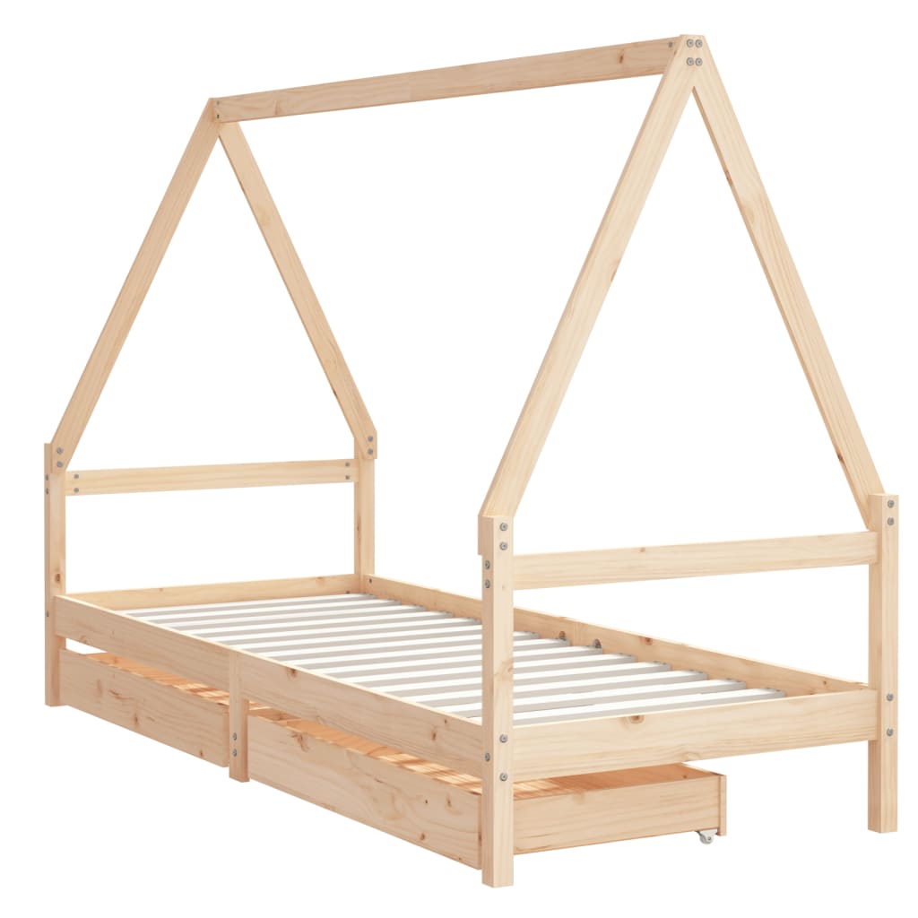 Kids Solid Wood Pine Bed Frame with Drawers