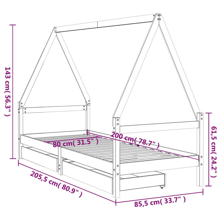 Kids Solid Wood Pine Bed Frame with Drawers