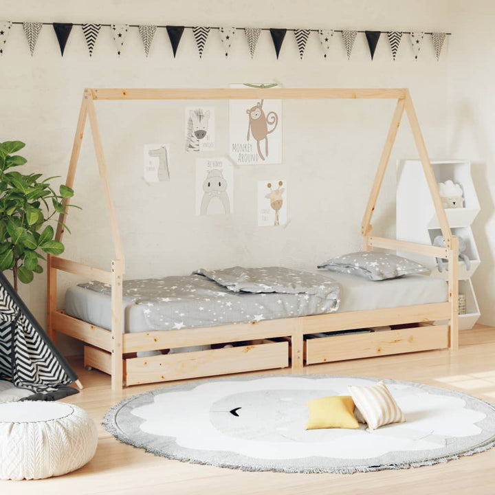 Kids Solid Wood Pine Bed Frame with Drawers
