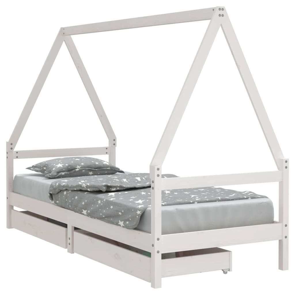 Kids Solid Wood Pine Bed Frame with Drawers