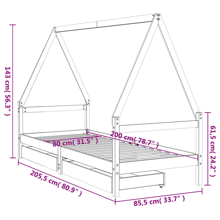 Kids Solid Wood Pine Bed Frame with Drawers