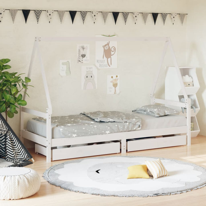 Kids Solid Wood Pine Bed Frame with Drawers