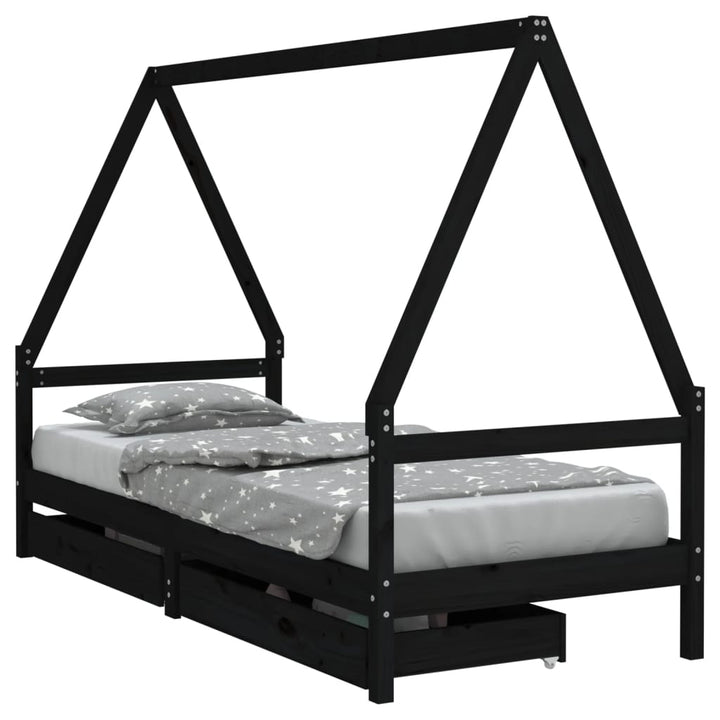 Kids Solid Wood Pine Bed Frame with Drawers