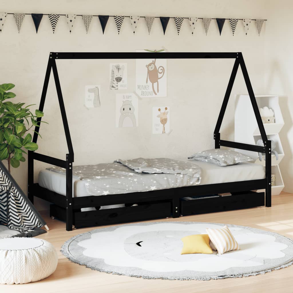Kids Solid Wood Pine Bed Frame with Drawers