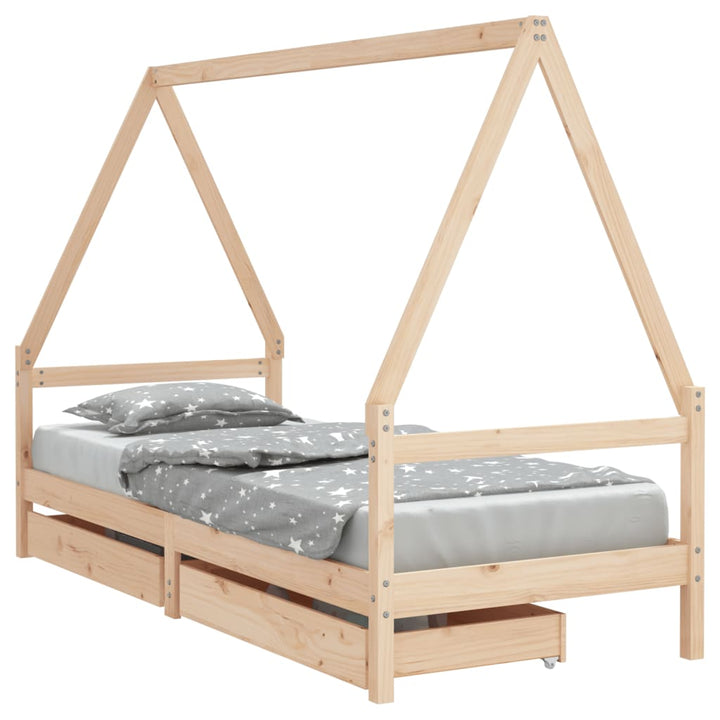 Kids Solid Wood Pine Bed Frame with Drawers